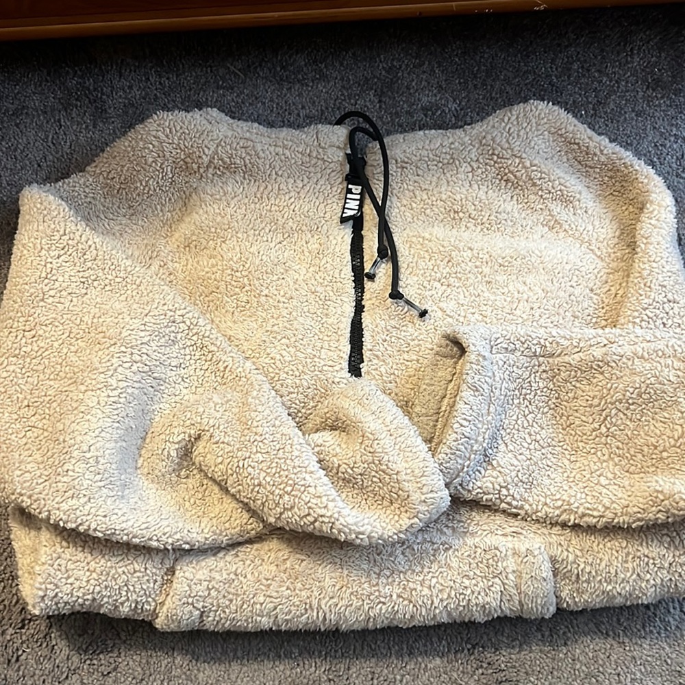 VS Pink Tan Fleece Sweatshirt hooded Size Small